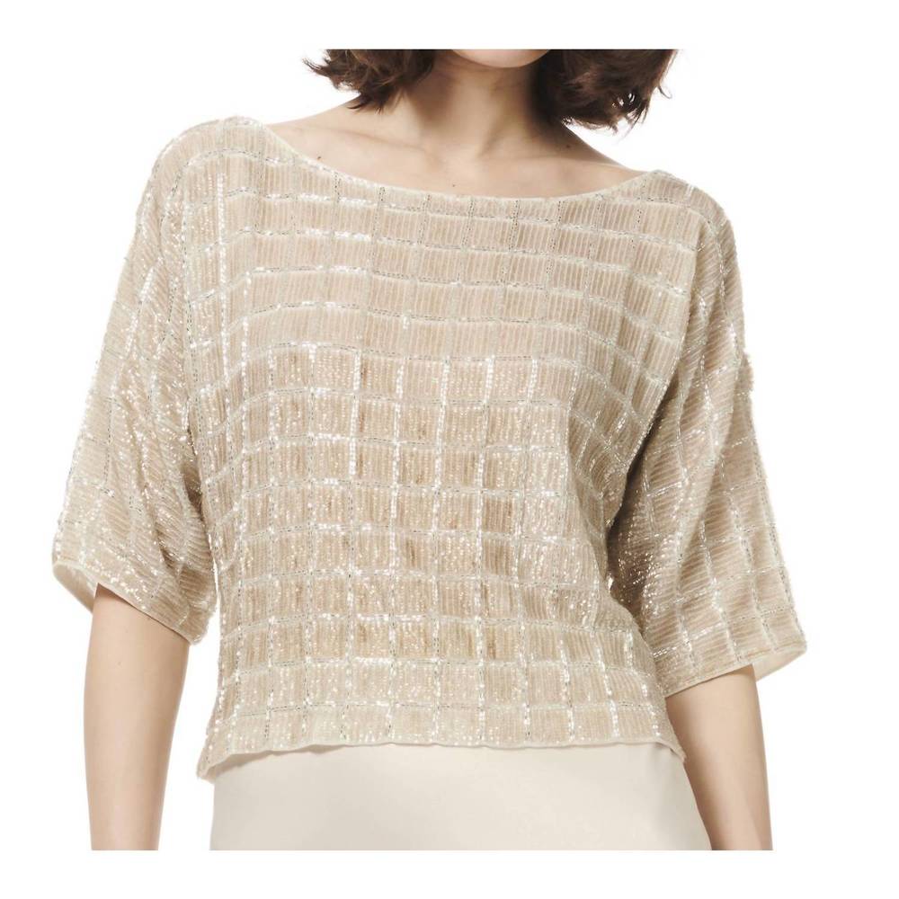 NEW EMILY SHALANT grid sequin top in ivory silver